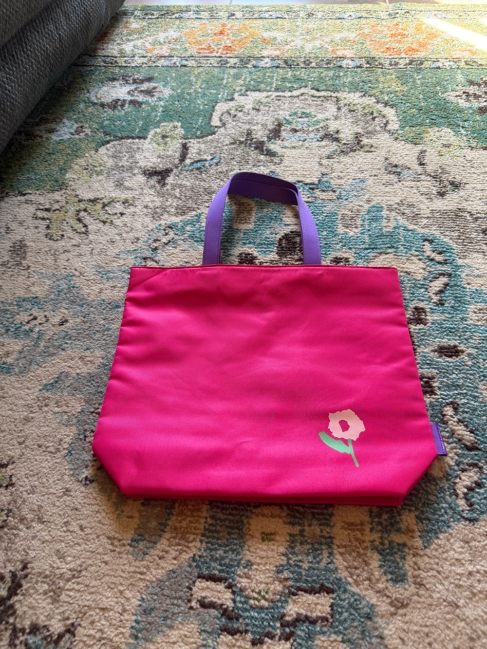 Clinique Pink Floral Tote Bag Nylon Shopper Purple Handles Travel Beach Bag - Picture 2 of 7